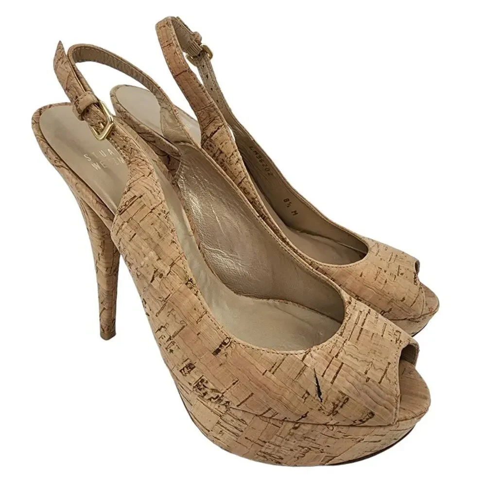 Stuart Weitzman Cork Leather Ankle Strap Slingback Platform Heel Size 8.5M